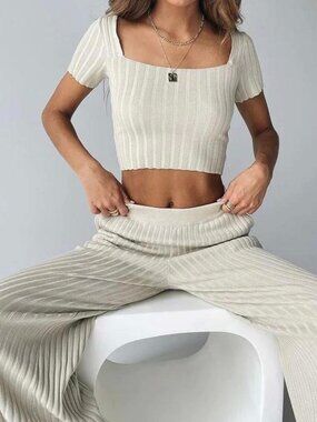 PRINCESS POLLY KATIE SET CROP TOP AND WIDE LEG PANTS RIBBED KNIT L/XL